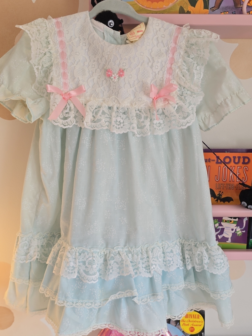 Vintage Girls Mint Green Lace Ruffle Dress Pink Bows Cottagecore Prairie